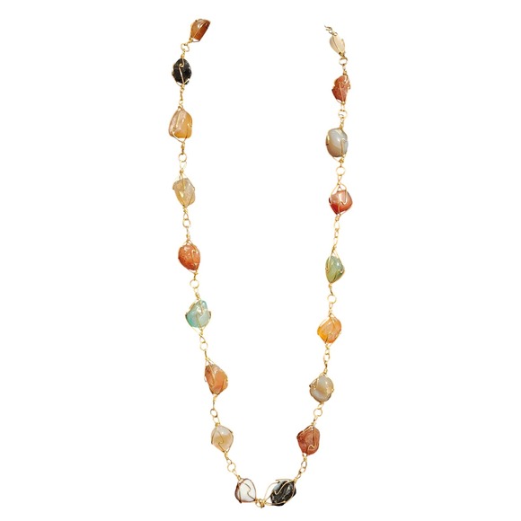 Wire Wrapped Polished Stone Beaded Necklace Multicolor Boho Gold Tone 32 Inch